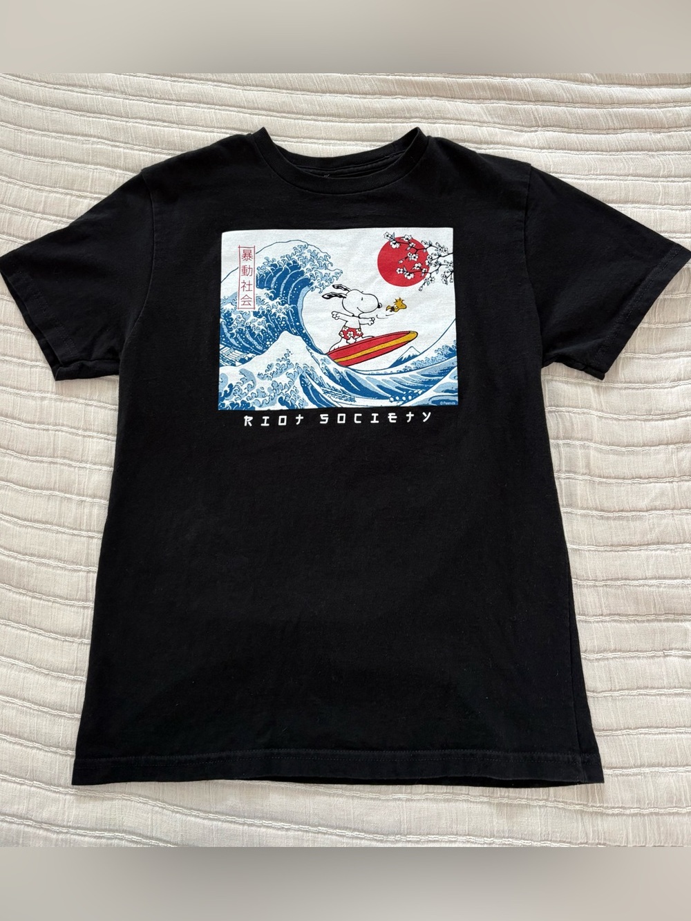 Riot Society x Snoopy Hokusai Great Wave Black T-Shirt Kids Size Large
